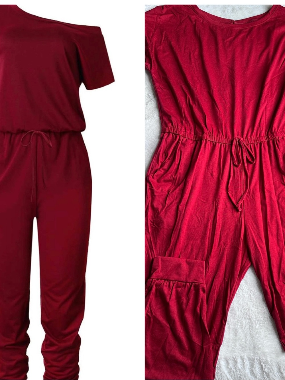 Amazon Women's Burgundy Off-Shoulder Drawstring Jumpsuit (2XL)